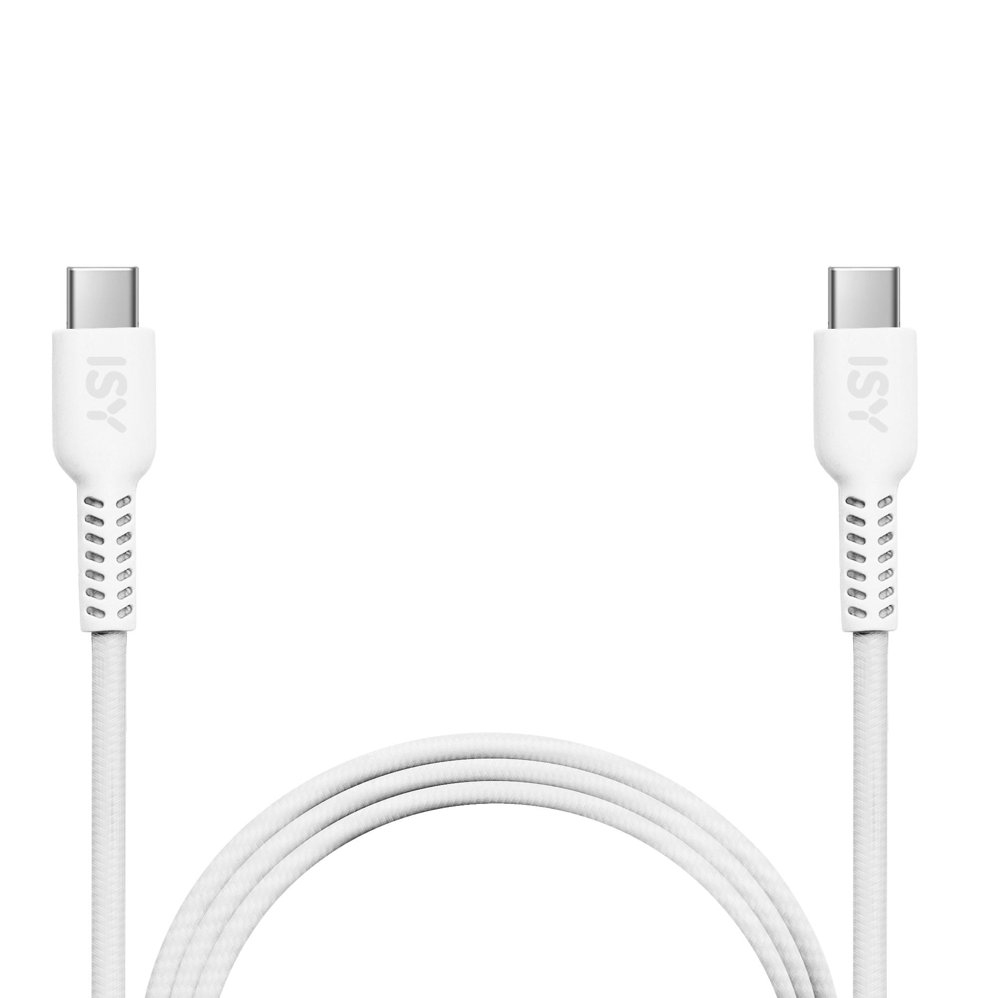 Zwei weiße USB-C-Kabel mit weißen Steckern und einem weißen Kabel auf weißem Hintergrund.
