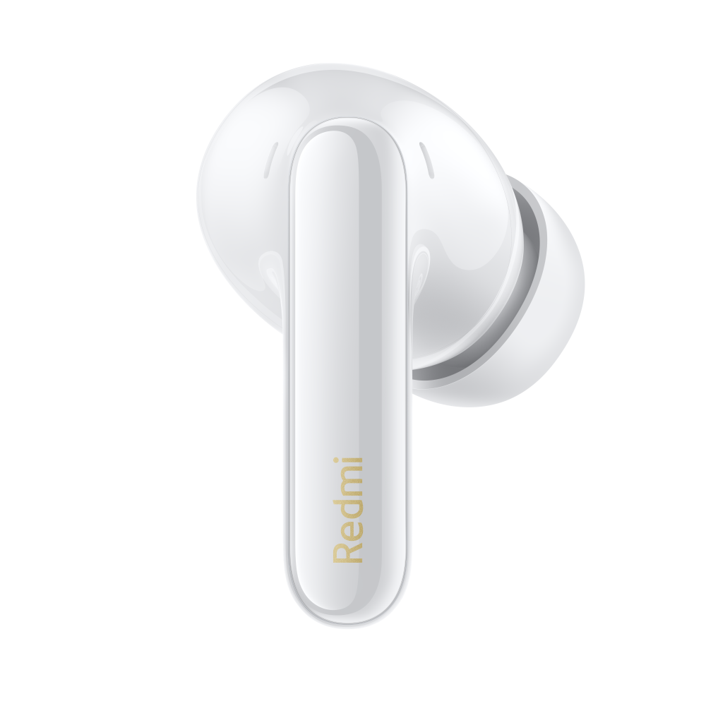 Beyaz Redmi kulaklıklar, biri gösteriliyor. Kulaklığın üzerinde altın renginde Redmi logosu bulunan bir sap var.