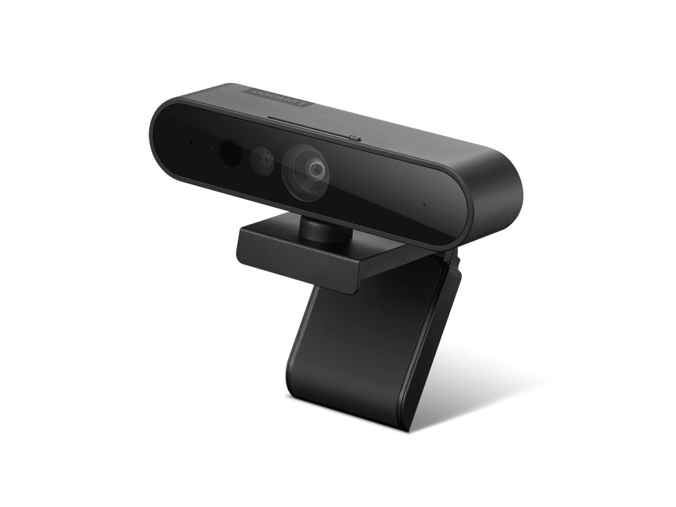 Eine schwarze Webcam auf weißem Hintergrund. Es hat ein Objektiv und ein Lenovo-Logo darauf.