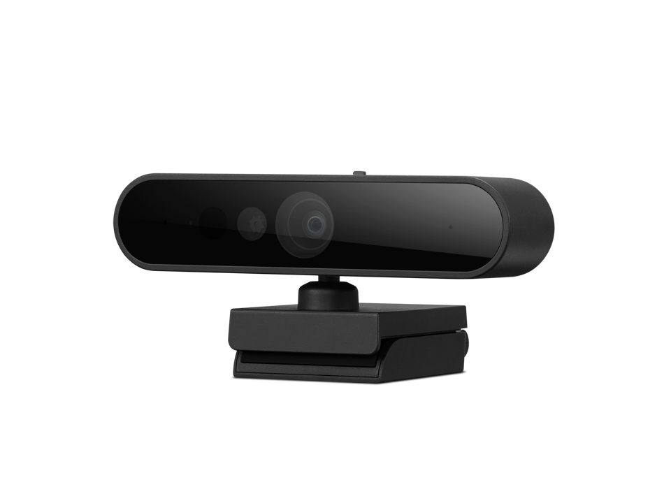 Schwarze Webcam mit Linse und Ständer. Es ist ein rechteckiges Gerät.