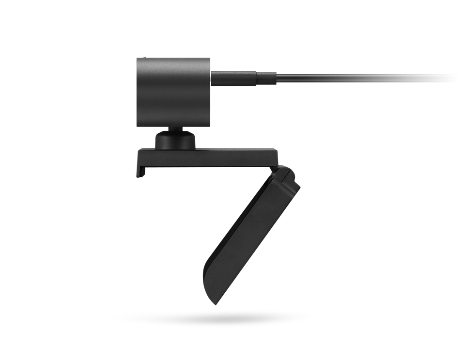 Schwarze Webcam, Kabel angeschlossen. Weißer Hintergrund.