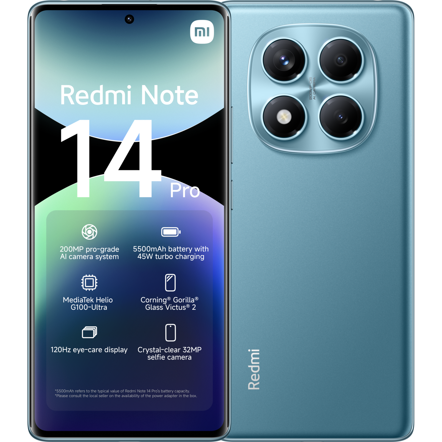 Téléphone Redmi Note 14 Pro, dos bleu avec caméras, face avant avec écran affichant des données.
