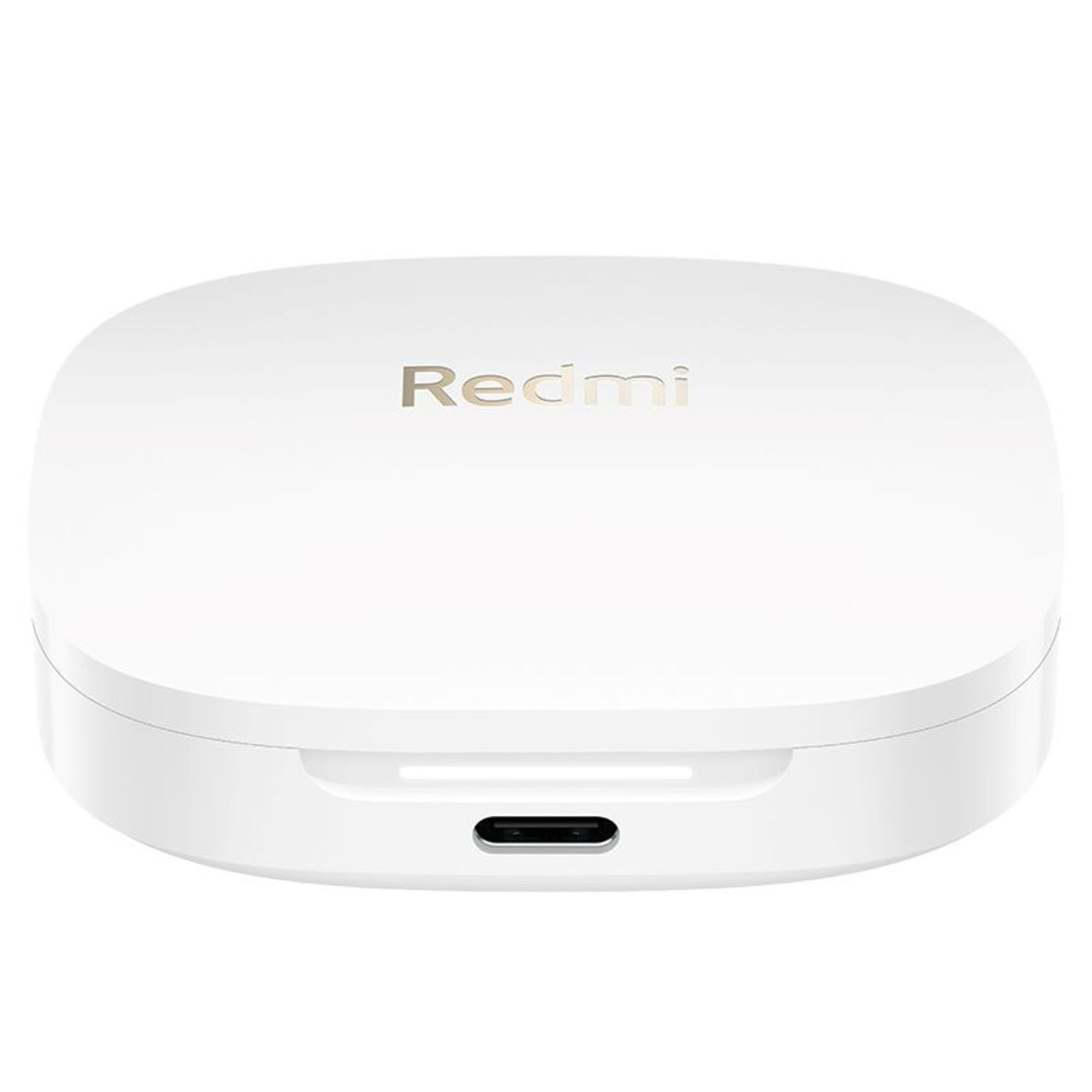 Boîtier de charge blanc rectangulaire avec la marque "Redmi" sur le dessus.