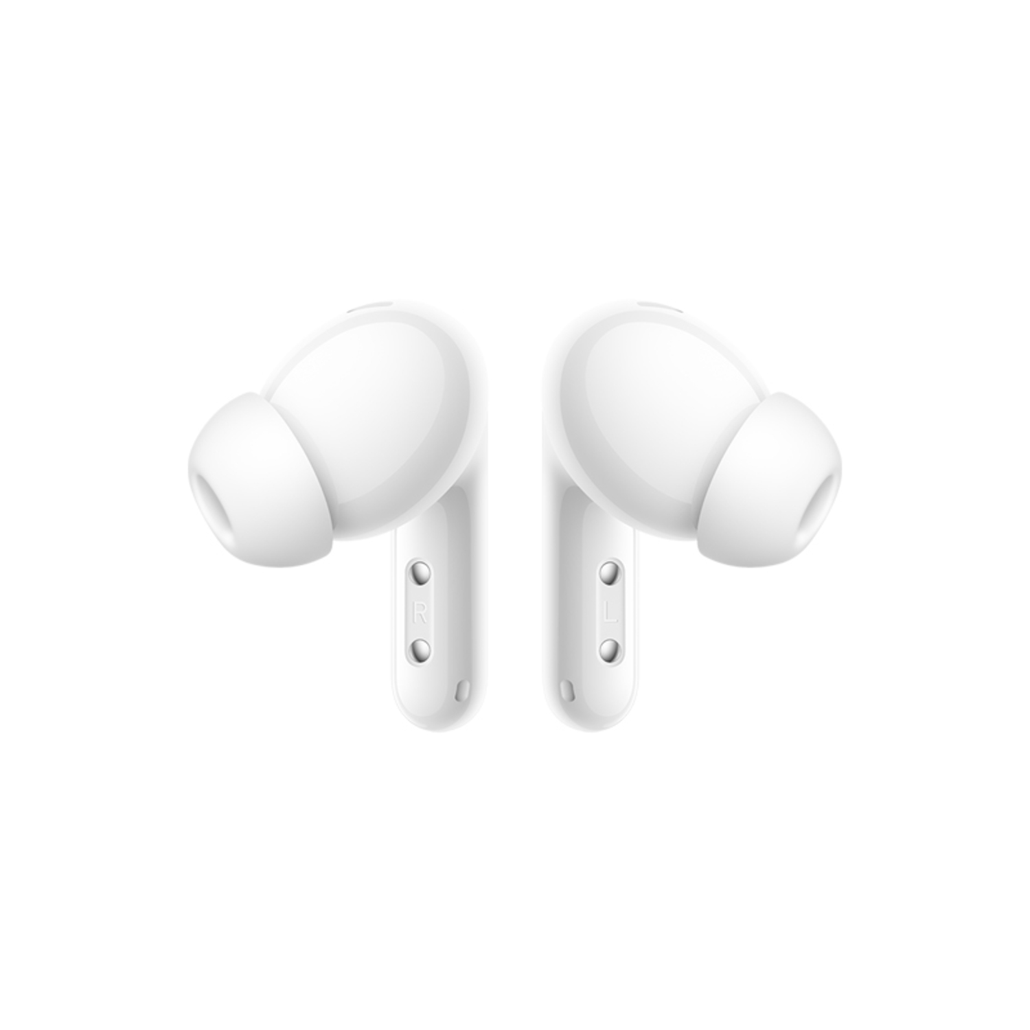 Deux écouteurs blancs, chacun avec un embout auriculaire, un microphone et des boutons de commande.