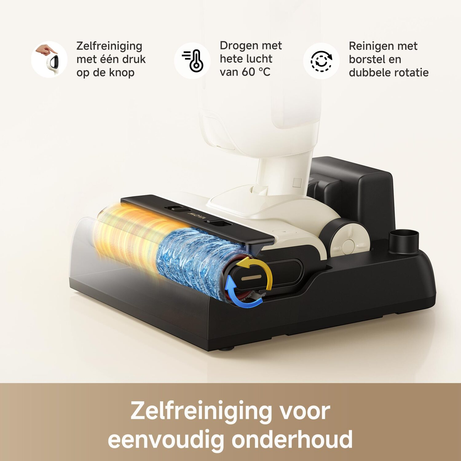 Close-up van een zwart-witte stofzuiger met zijn interne componenten.