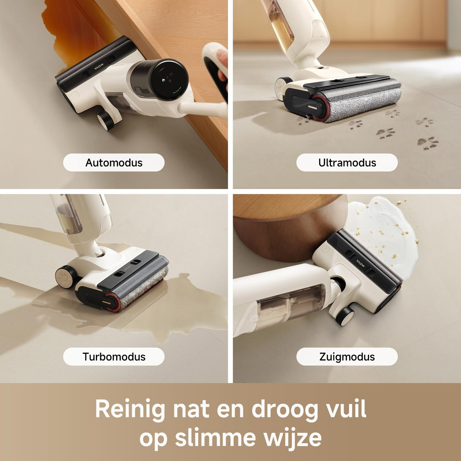 Vier afbeeldingen die de verschillende reinigingsmodi van een stofzuiger demonstreren, nat en droog.