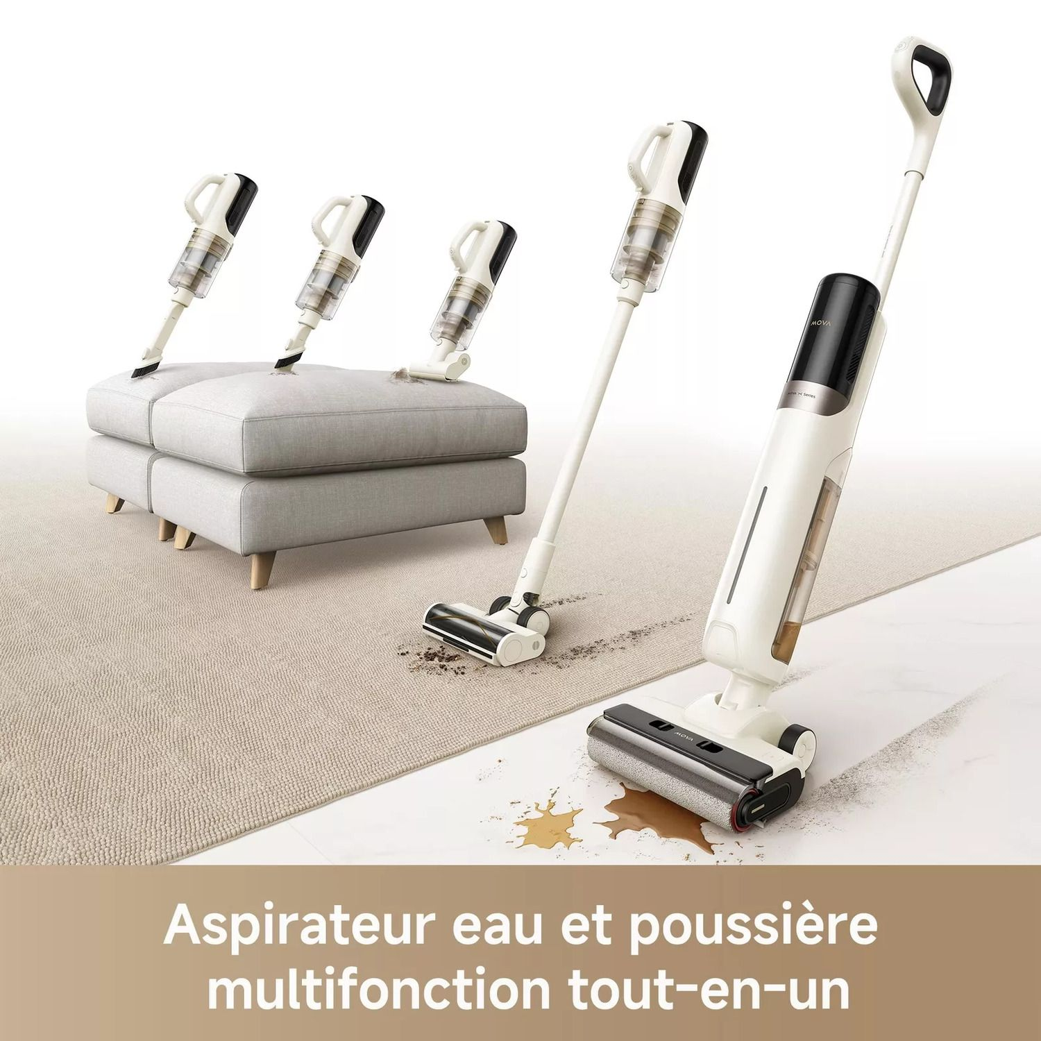 Aspirateur nettoyant un tapis et une tache d'eau. Plusieurs accessoires d'aspirateur sont montrés.