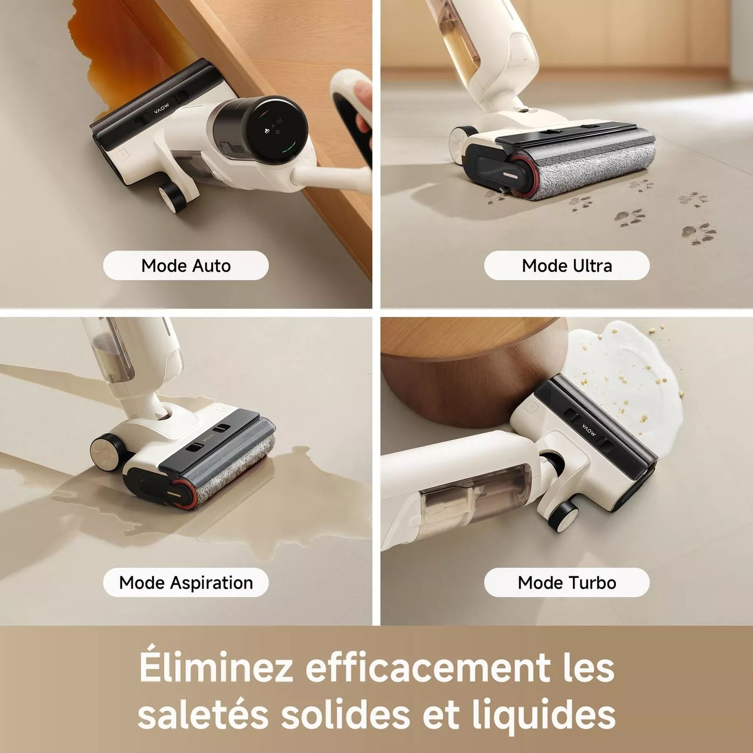 Quatre vues d'un aspirateur en différents modes, nettoyant diverses surfaces.