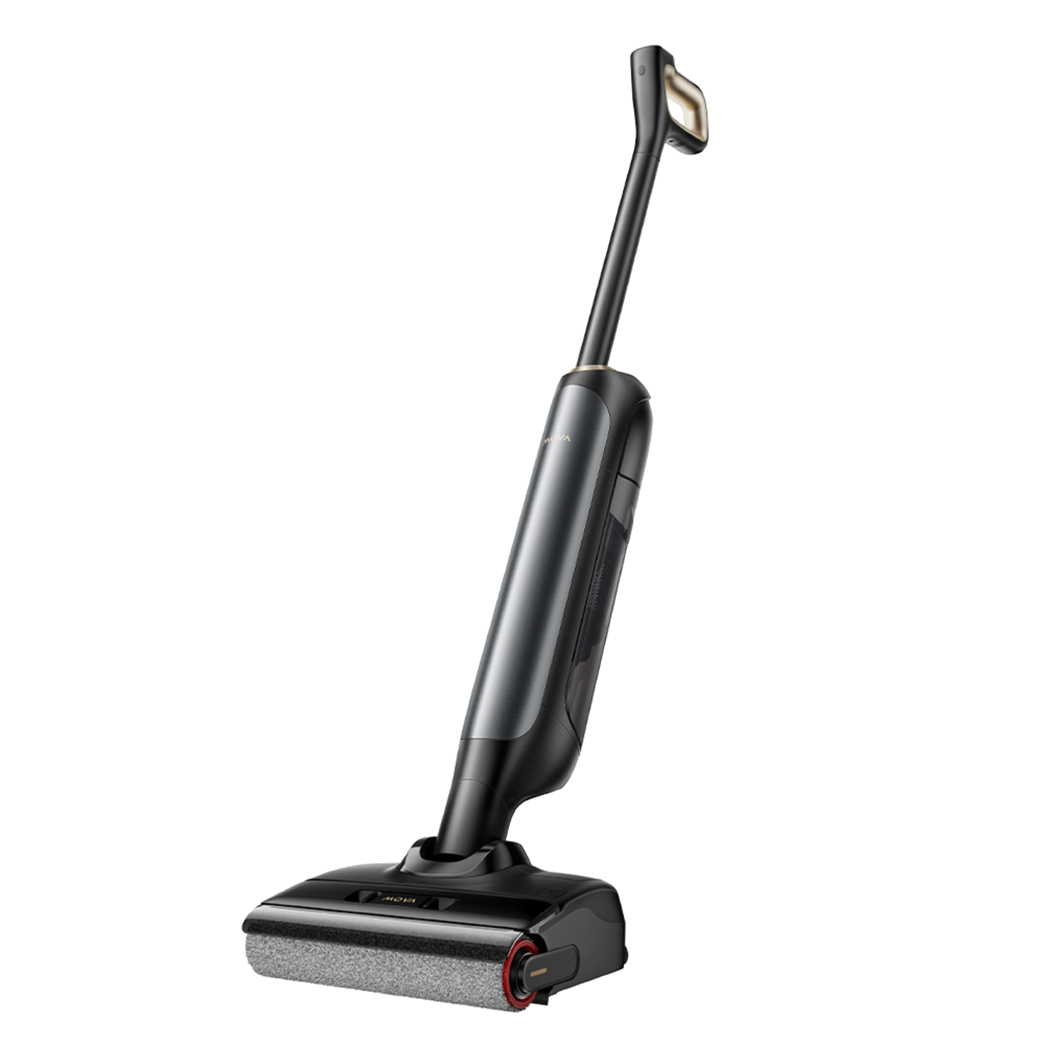 Un aspirateur sans fil noir avec une longue poignée et une tête de nettoyage.