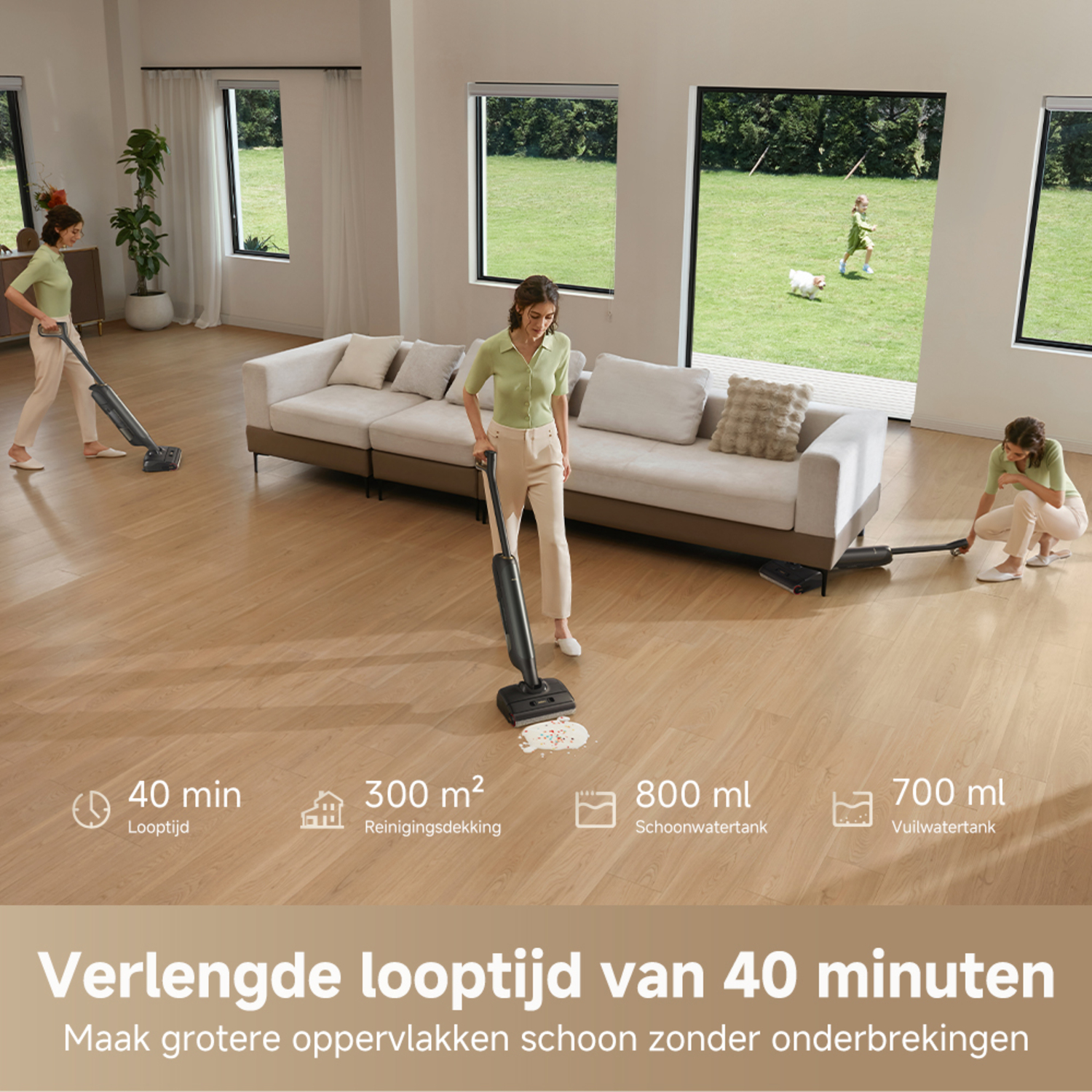 Drie mensen die een houten vloer schoonmaken met een steelstofzuiger en tekstoverlays.