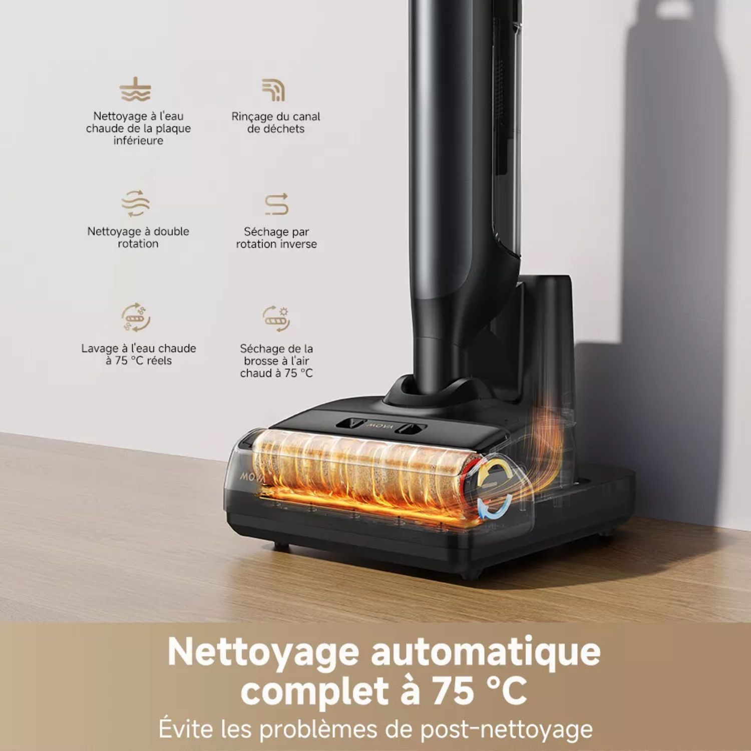 Base d'aspirateur noir et argenté avec texte montrant les fonctionnalités de nettoyage et des schémas.