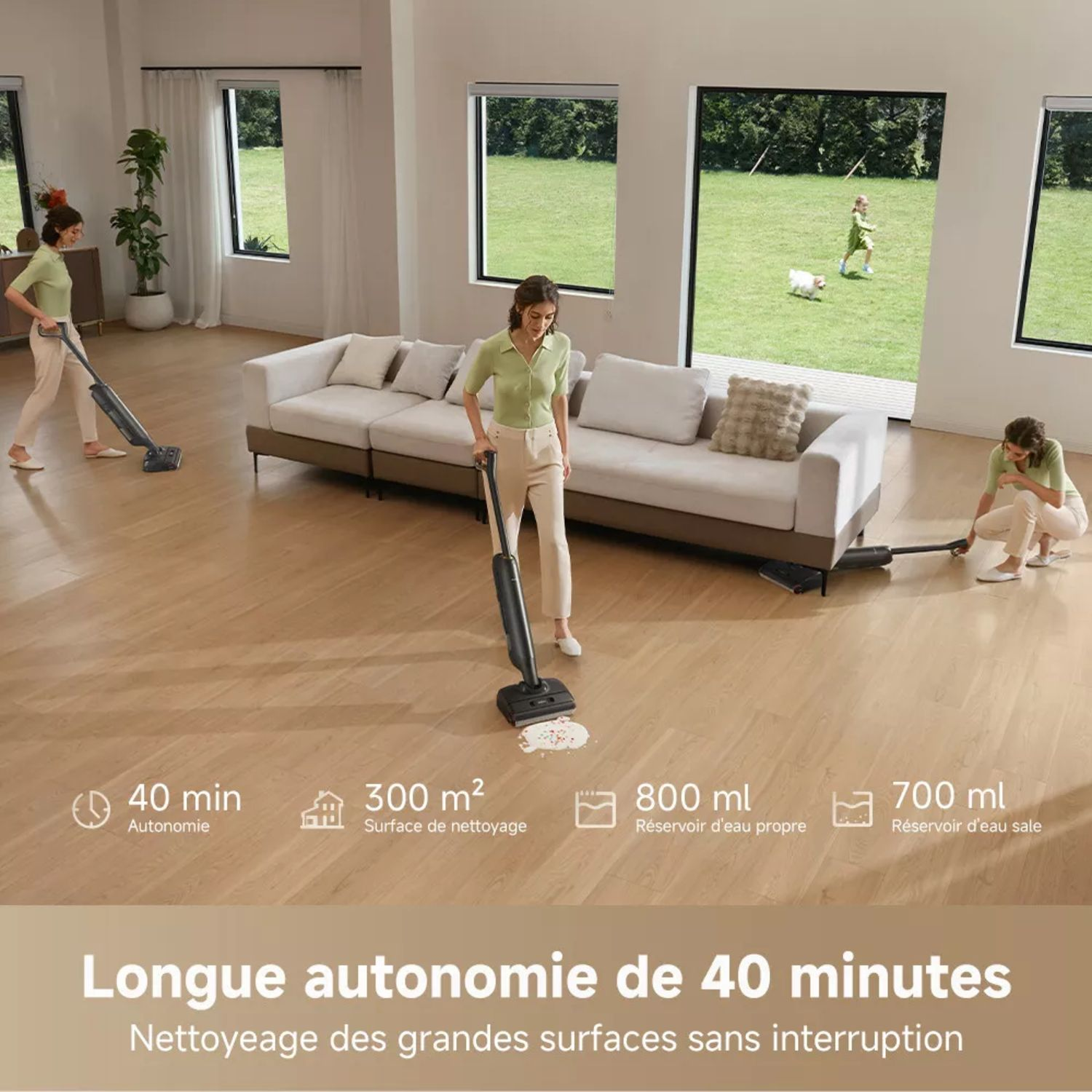 Trois femmes nettoient avec un aspirateur, en se concentrant sur la longue autonomie et la surface de nettoyage.