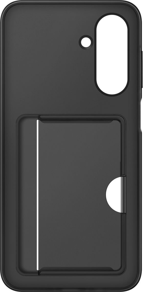 Custodia per telefono nera con porta carte sul retro.