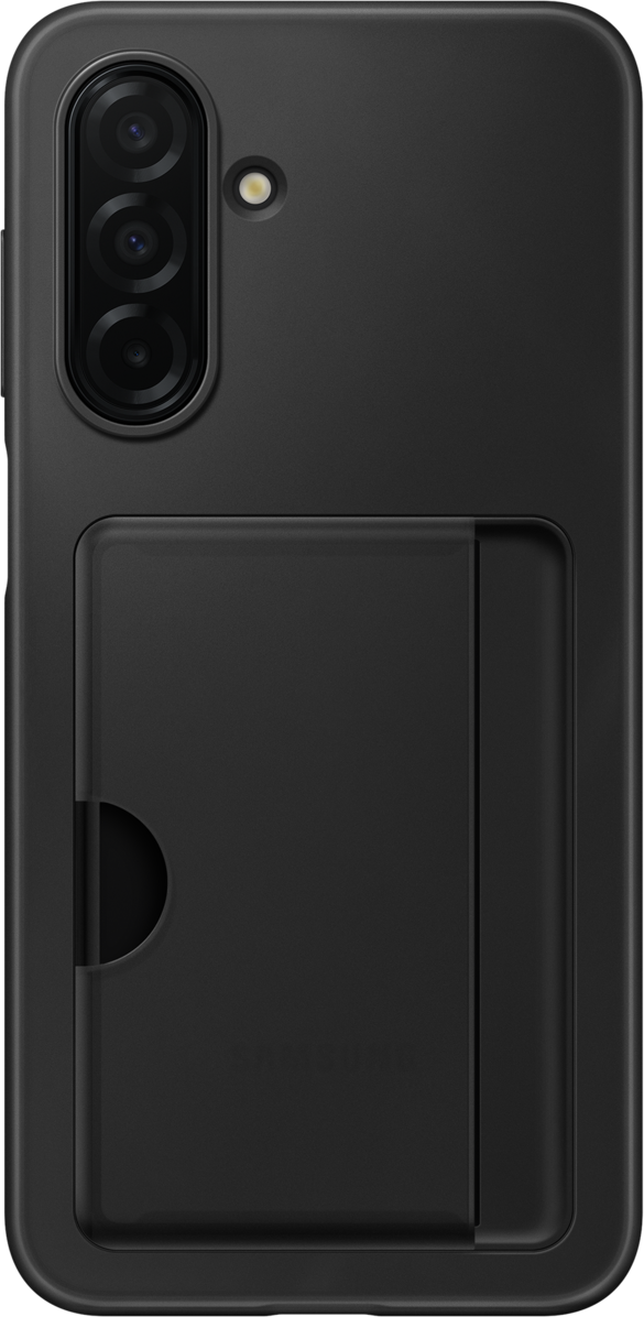 Custodia nera per telefono con slot per schede e tripla fotocamera. Sfondo semplice.