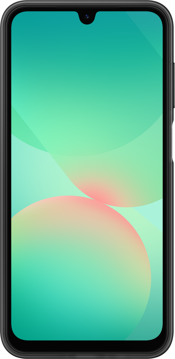 Uno smartphone nero con uno schermo che mostra un design astratto verde e arancione.