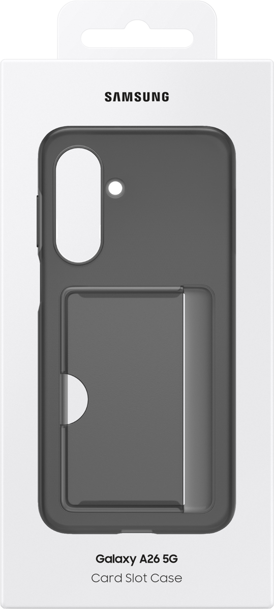Confezione della custodia con slot per schede Samsung Galaxy A26 5G, grigia.