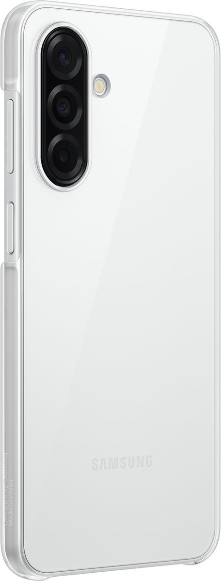 Uno smartphone bianco con tre fotocamere, una custodia trasparente e il logo Samsung.