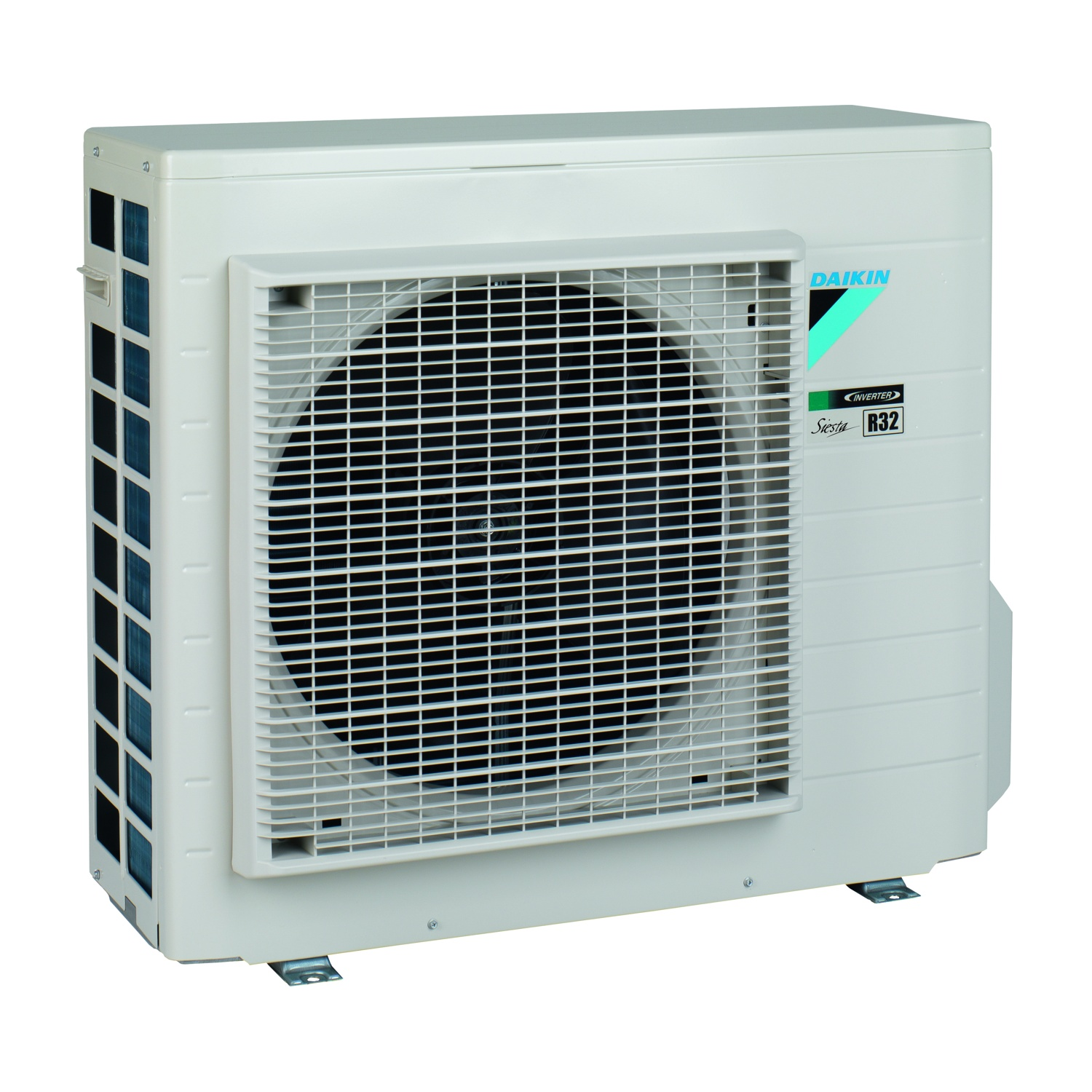 Un'unità di condizionamento, bianca, con prese d'aria e logo Daikin.