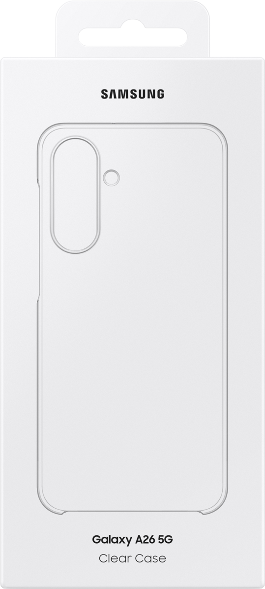 Una custodia trasparente per telefono in una scatola bianca Samsung, con l'etichetta 'Galaxy A26 5G'.