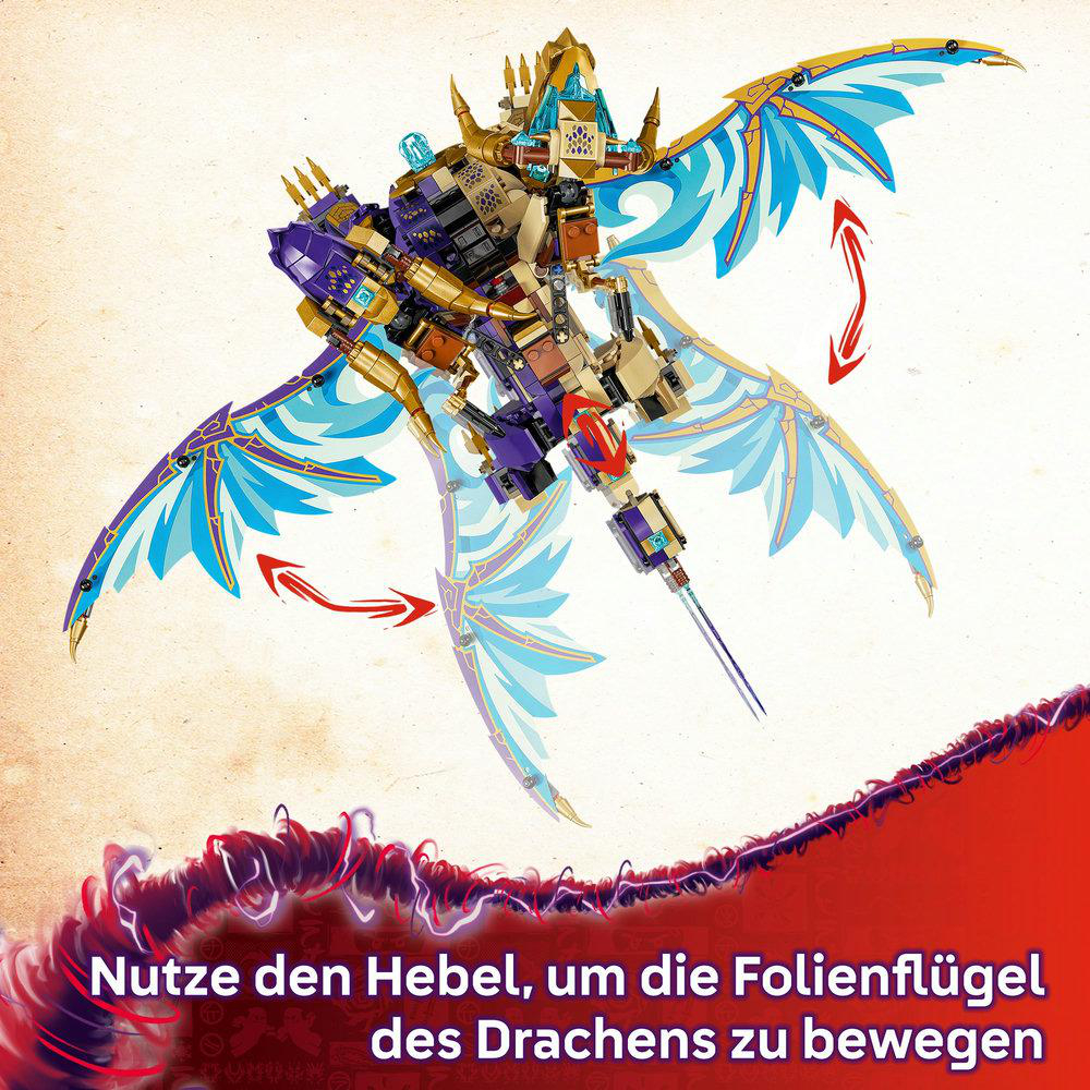 Ein Lego-Drache mit blauen und goldenen Flügeln ist zusammengebaut. Anweisungen und Pfeile sind im Hintergrund.