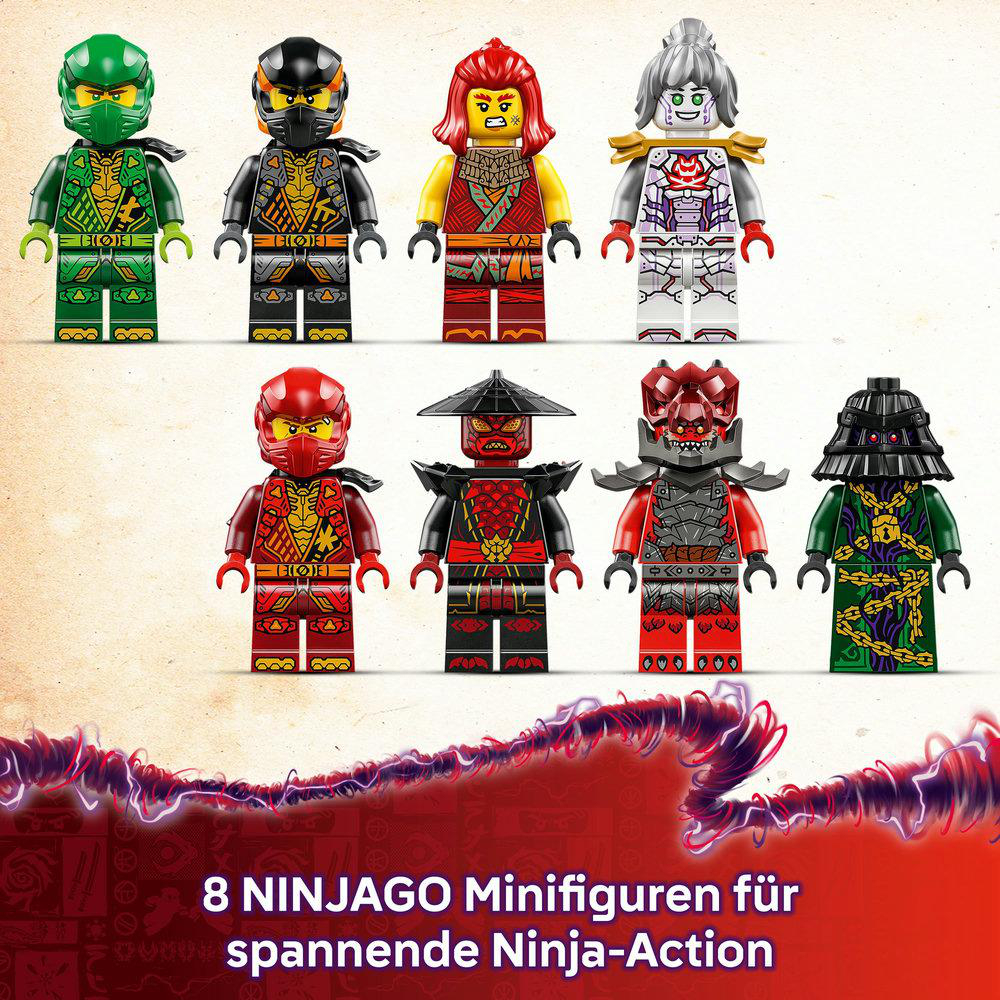 Acht Lego Ninjago Minifiguren in verschiedenen Outfits, in zwei Reihen angeordnet.