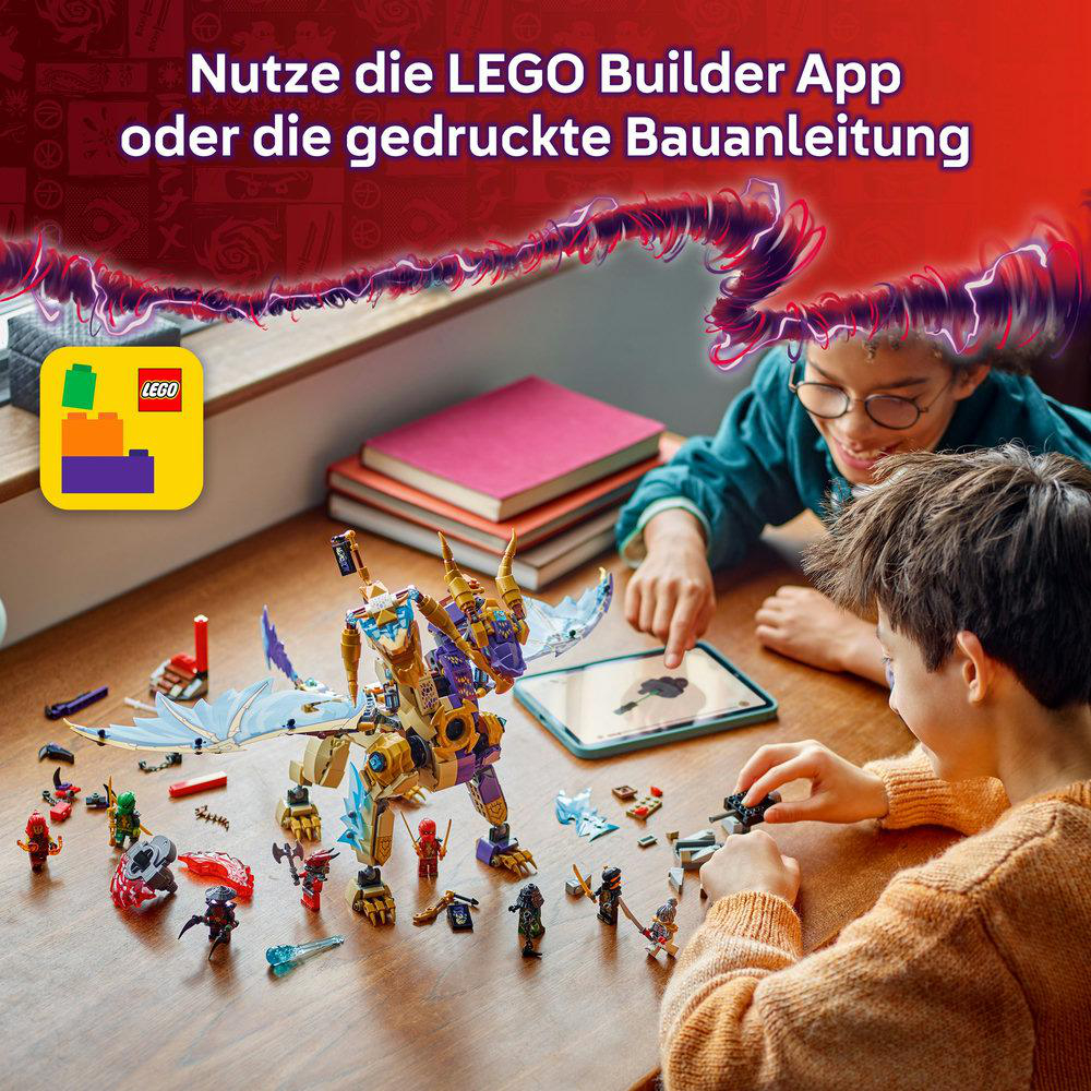 Zwei Kinder spielen mit LEGOs auf einem Holztisch. Eines benutzt ein Tablet.