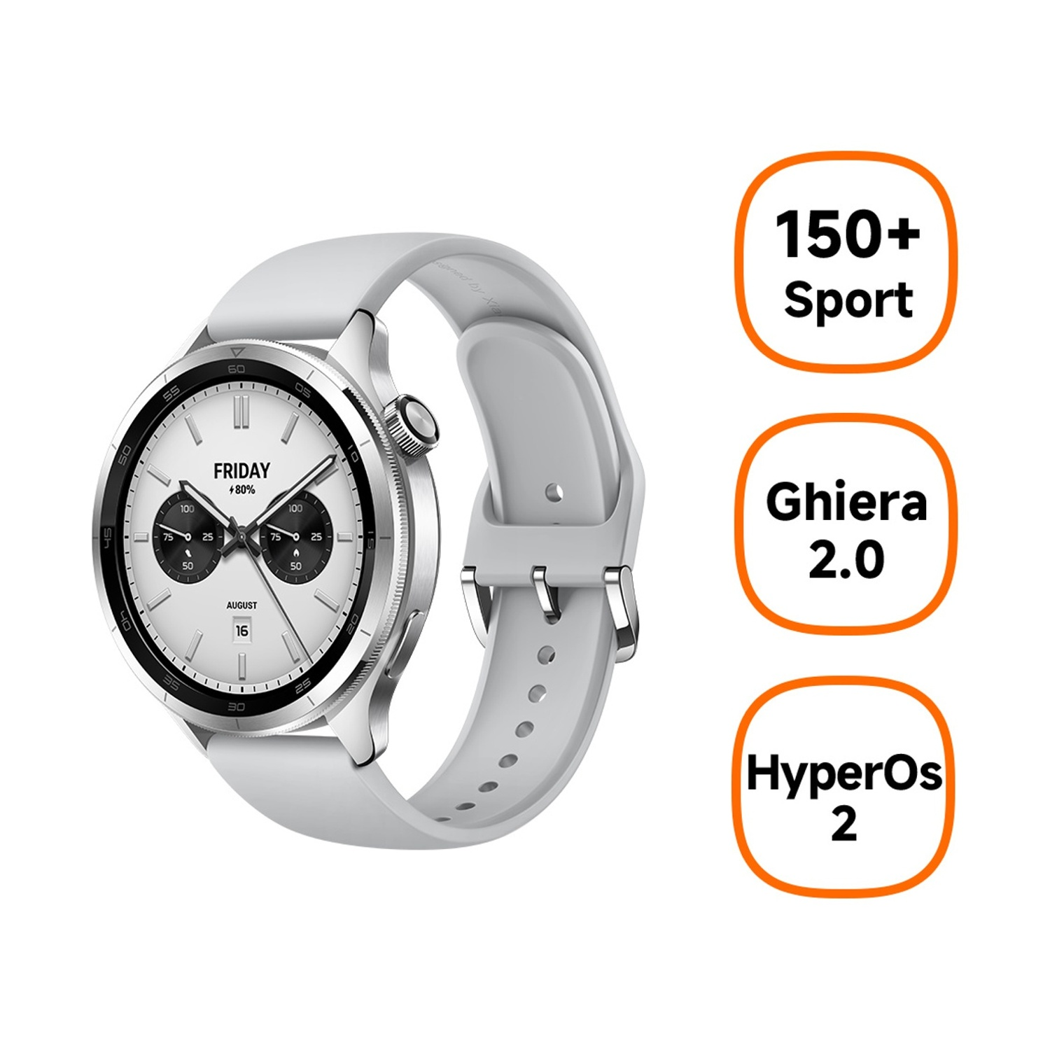 Smartwatch con cinturino grigio, quadrante bianco e tre etichette: Sport, Ghiera 2.0, HyperOs 2.