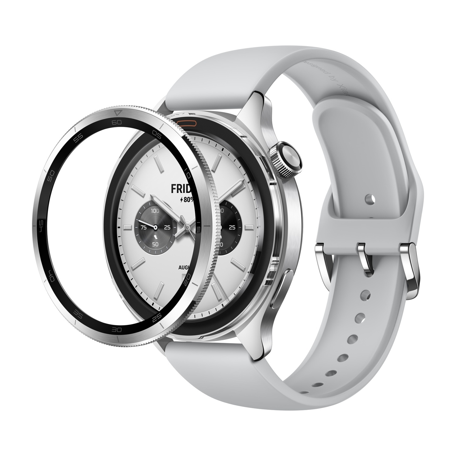Smartwatch grigio con quadrante bianco e cinturino grigio.
