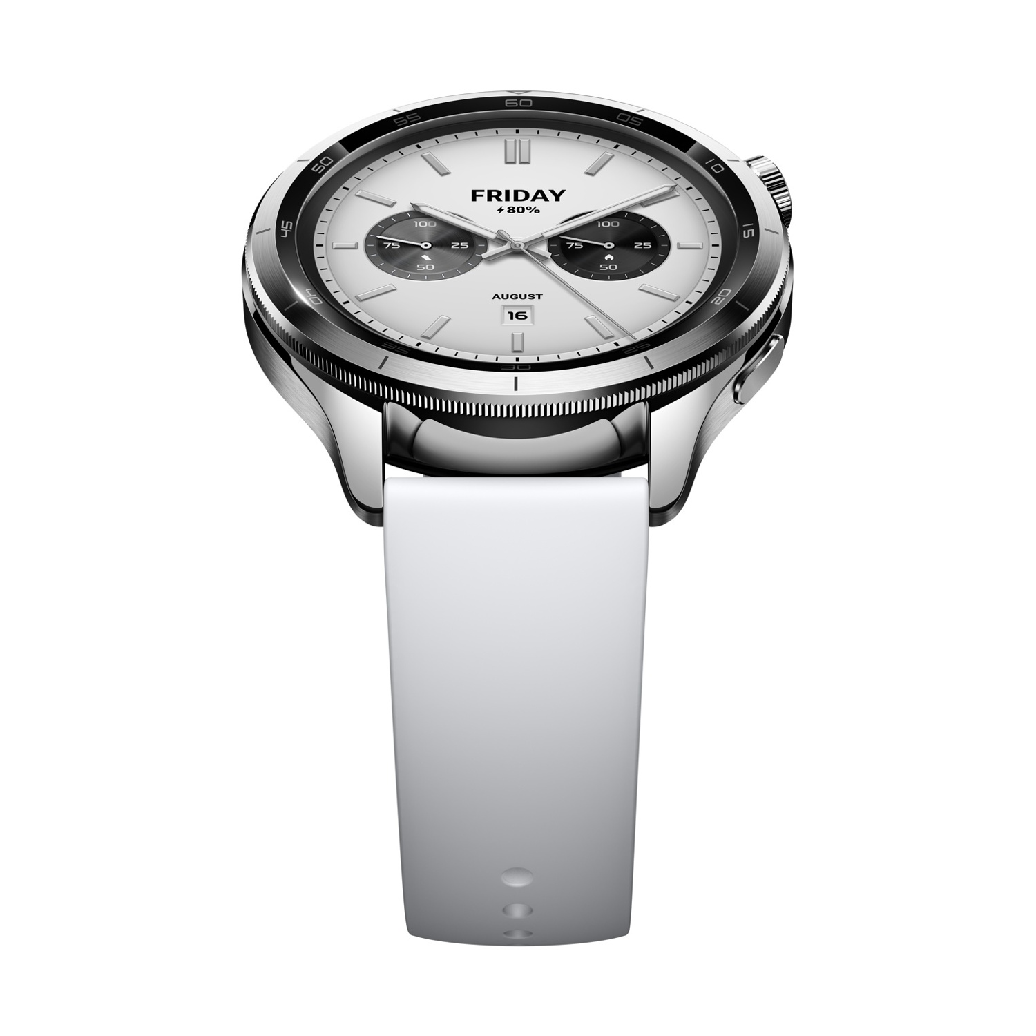 Uno smartwatch argentato con cinturino bianco, che mostra l'ora e l'indicatore della batteria.