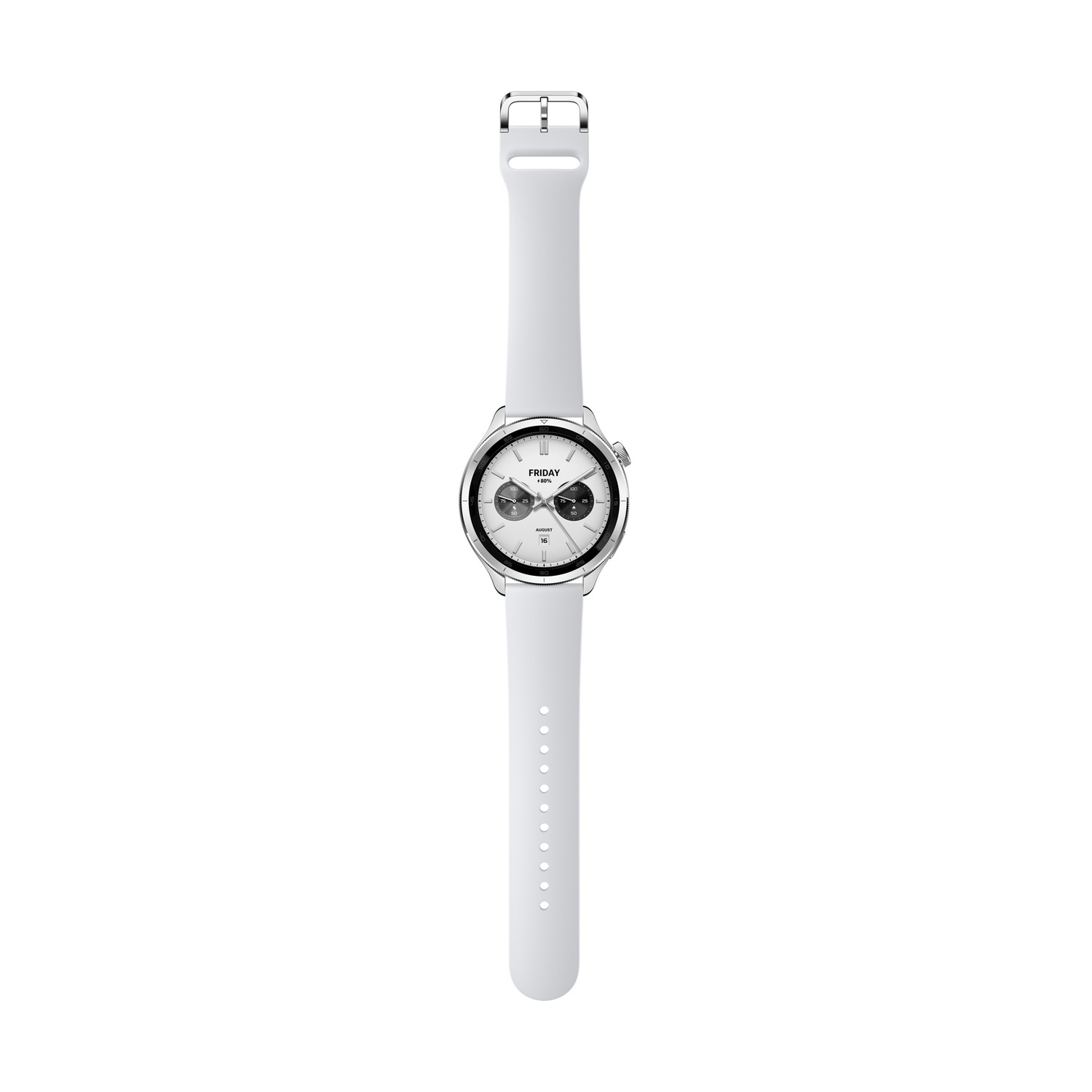 Uno smartwatch bianco con bordo e cinturino argentati, che mostra un quadrante circolare.