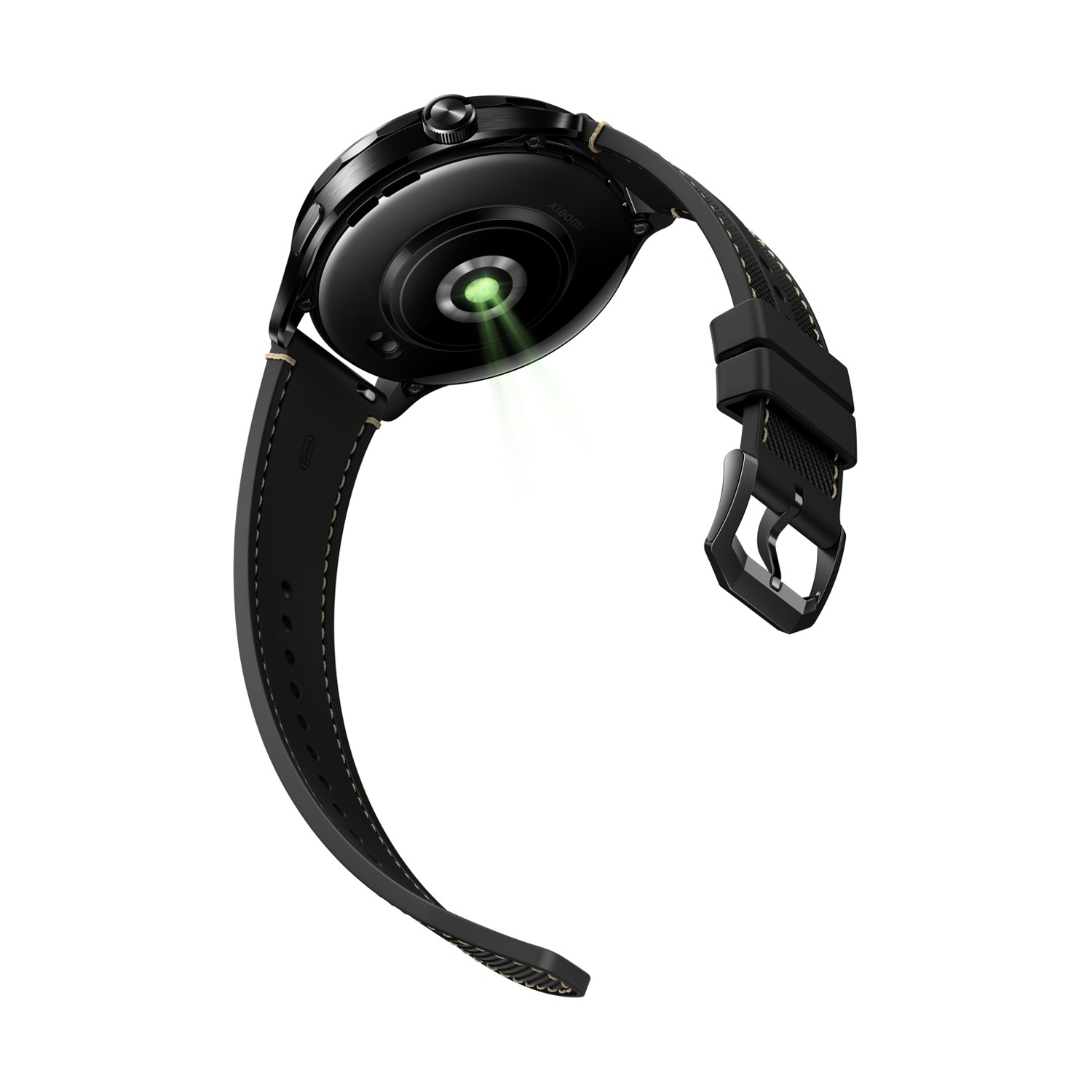 Smartwatch nero con cinturino nero. La parte inferiore mostra una luce verde, isolata su bianco.