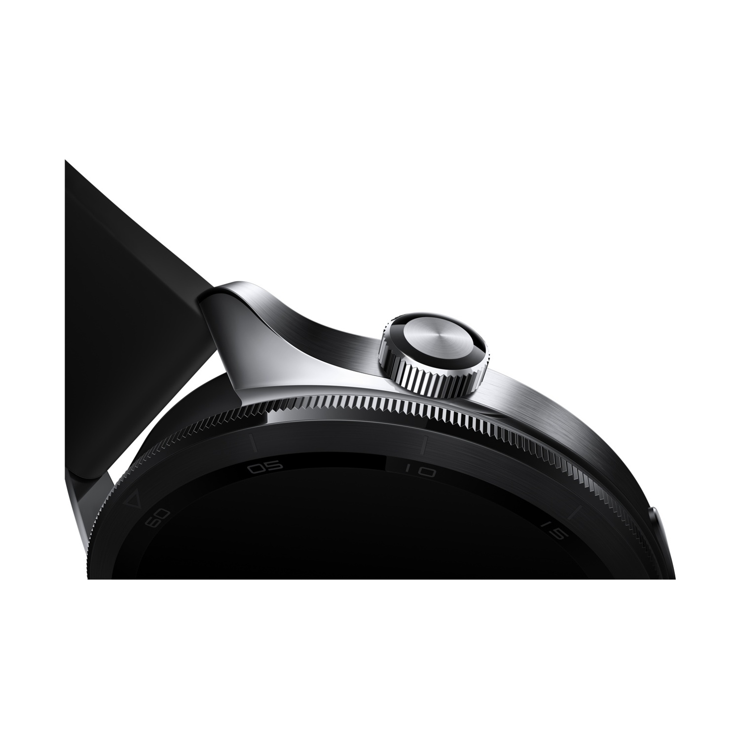 Primo piano di uno smartwatch argento con cinturino nero. Lo sfondo bianco evidenzia l'orologio.