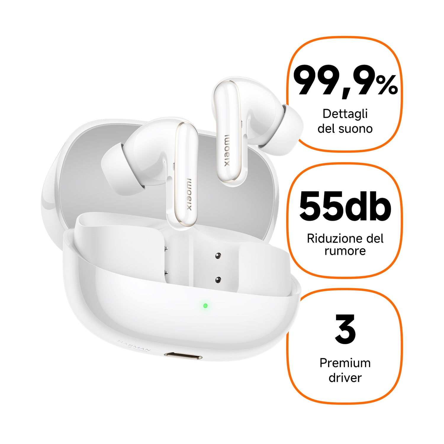 Auricolari bianchi con custodia di ricarica bianca. Mostra il 99,9% dei dettagli sonori, 55 dB di riduzione del rumore.
