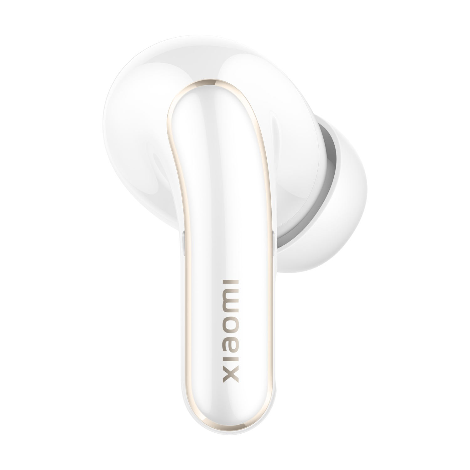 Auricolare wireless bianco con accenti dorati. L'auricolare ha un design semplice.
