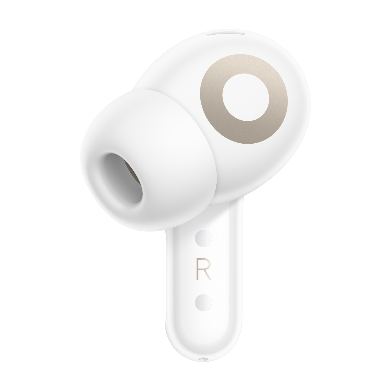 Auricolare bianco con accento dorato e la lettera 'R' sullo stelo.