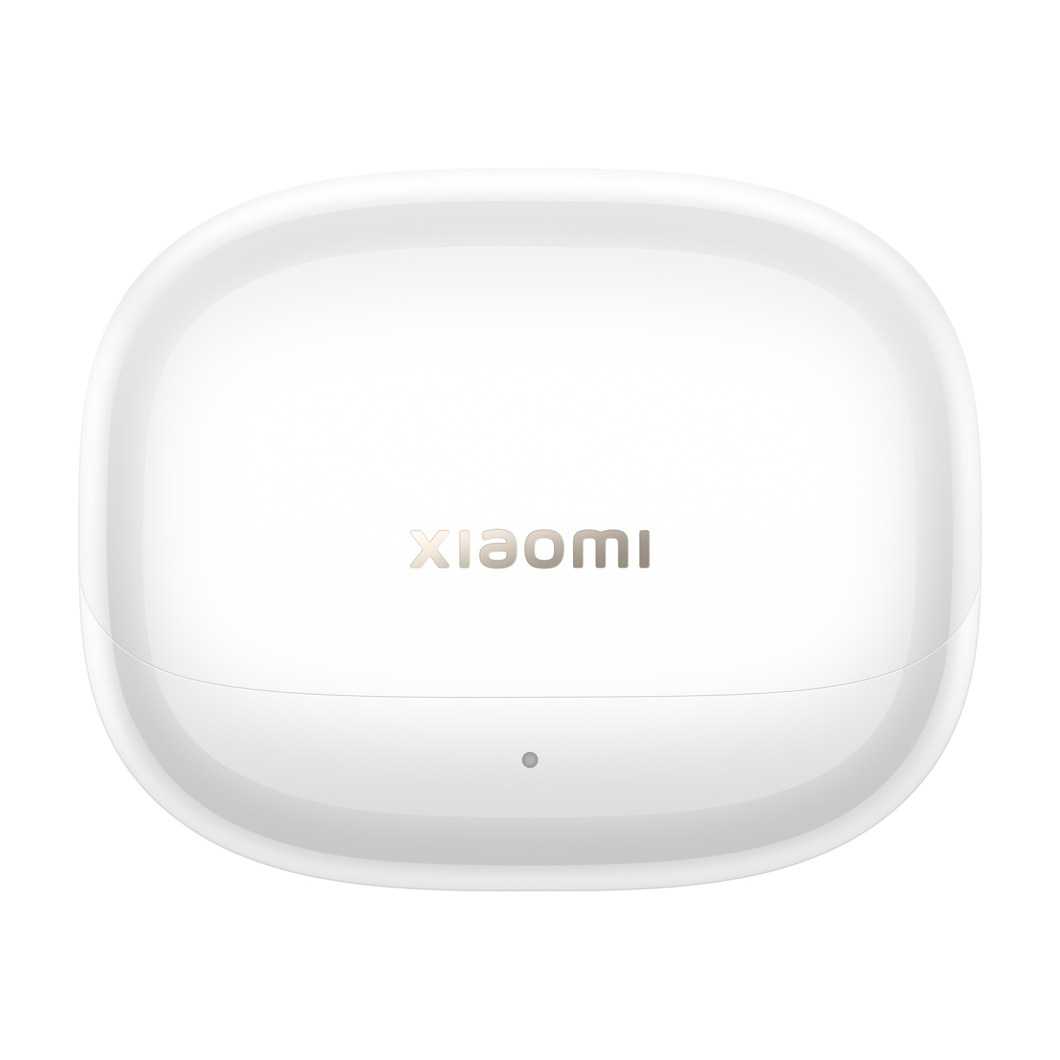 Custodia di ricarica per auricolari bianca e arrotondata con 'XIAOMI' davanti.