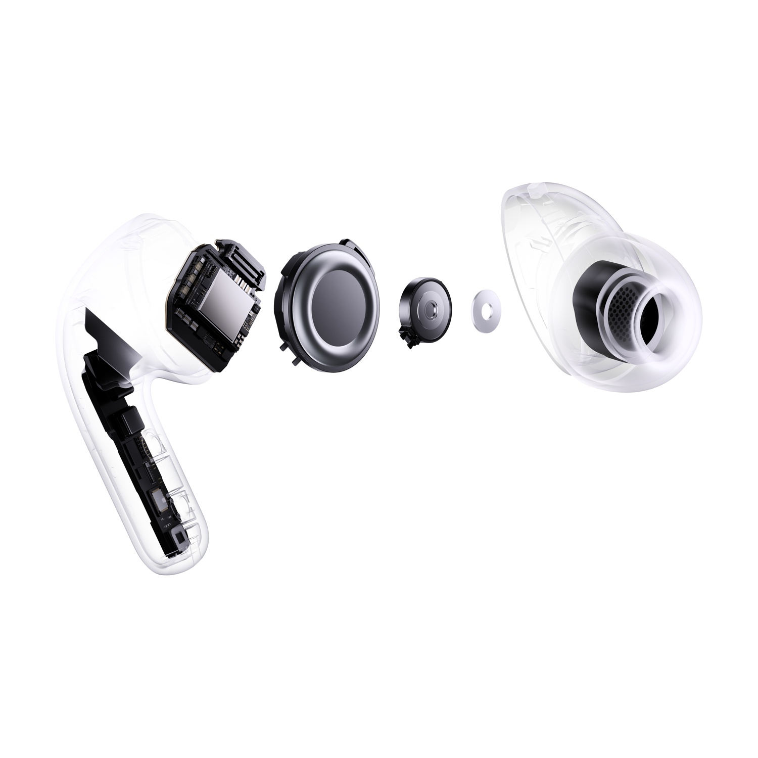 Vista esplosa di auricolari wireless bianchi che mostrano i componenti interni su sfondo bianco.