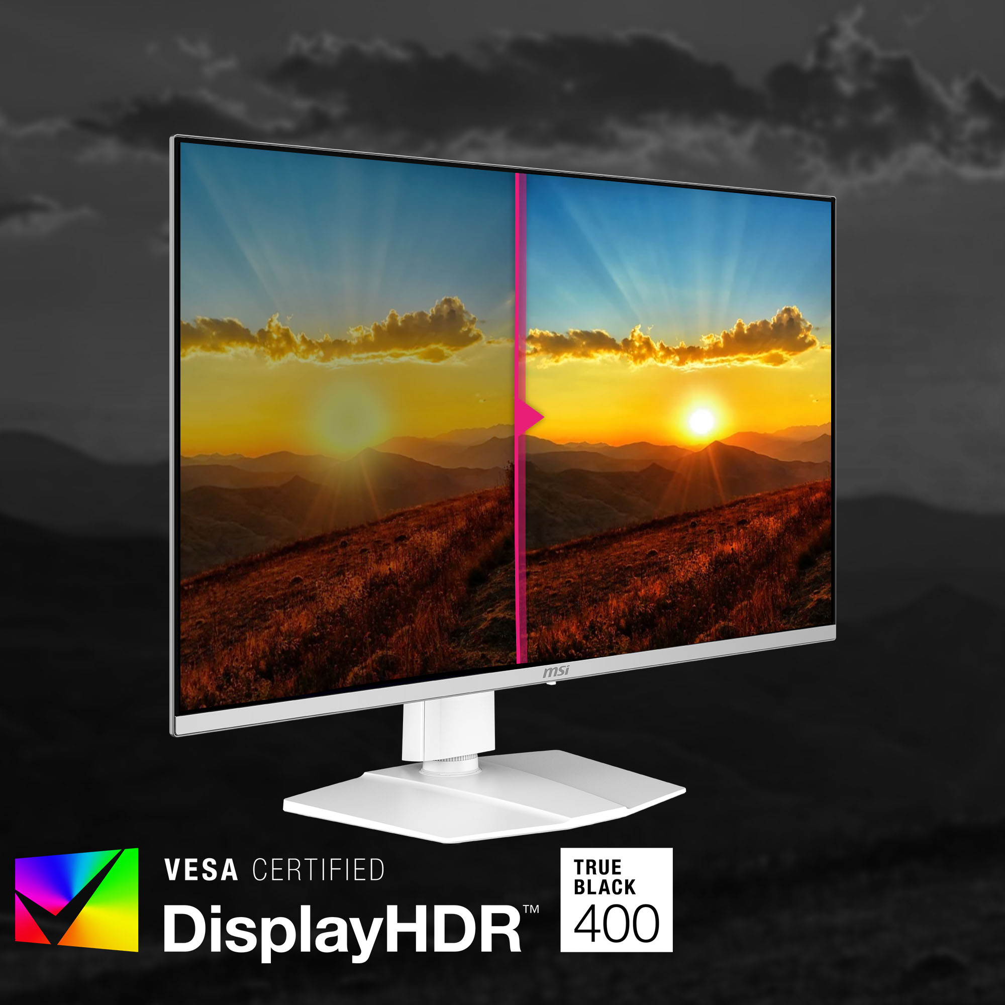 Computermonitor, der eine Sonnenuntergangsszene anzeigt, mit einer pinkfarbenen vertikalen Linie.