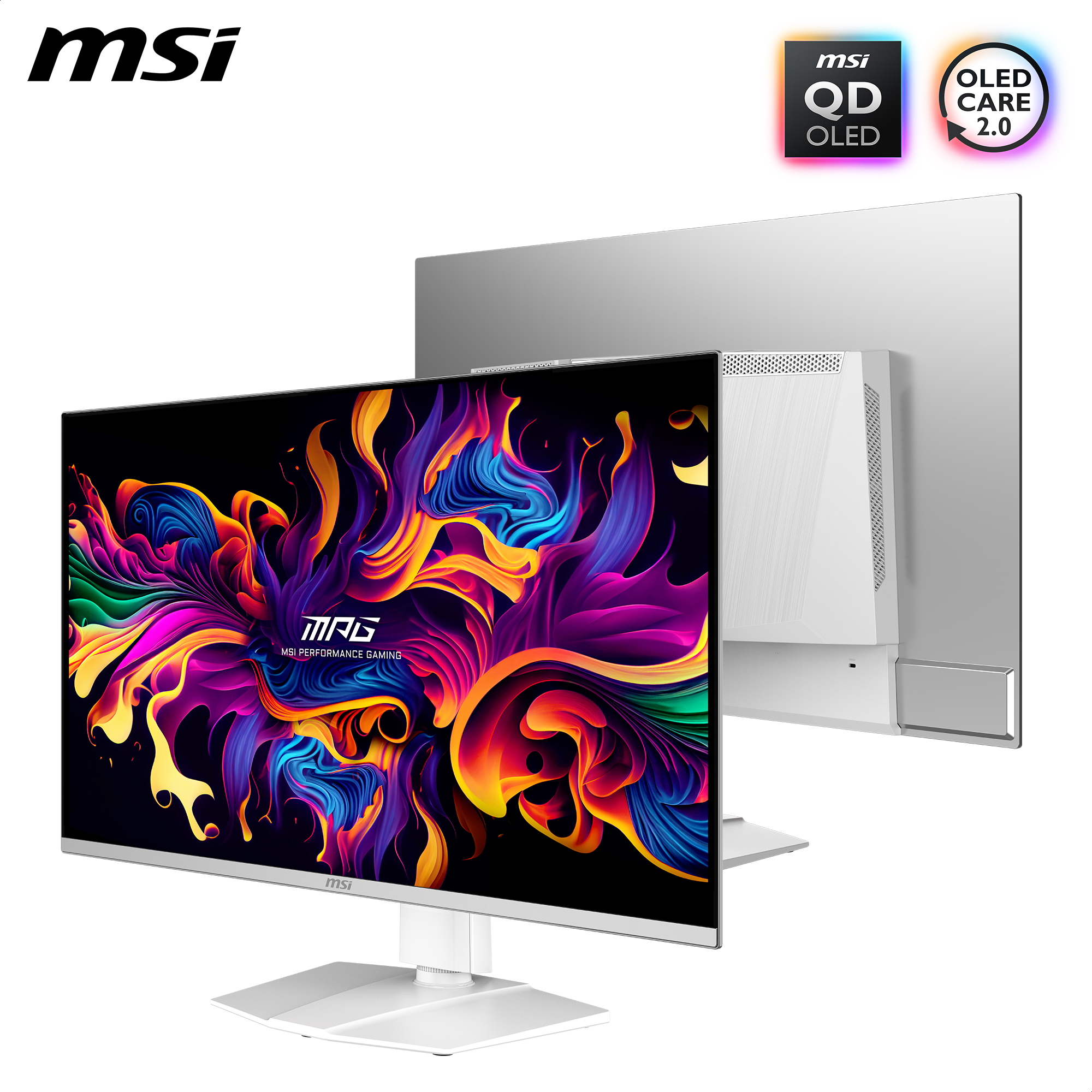 Weißer MSI-Monitor mit farbenfroher abstrakter Kunst, die Rückseite des Monitors ist sichtbar.