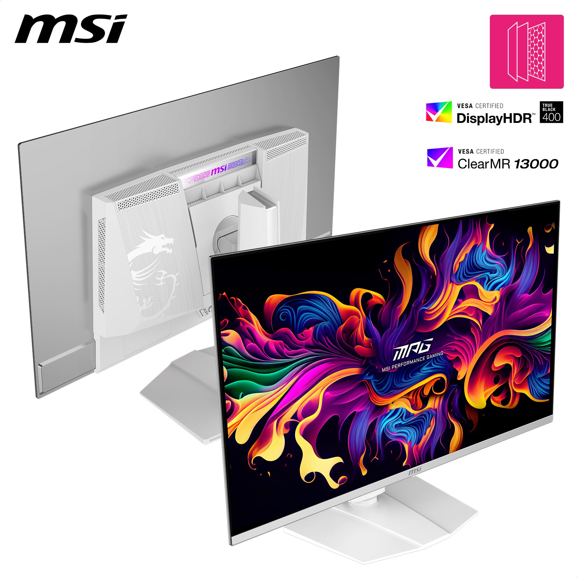 Zwei weiße MSI-Gaming-Monitore, die farbenfrohe Grafiken und Zertifizierungen anzeigen.