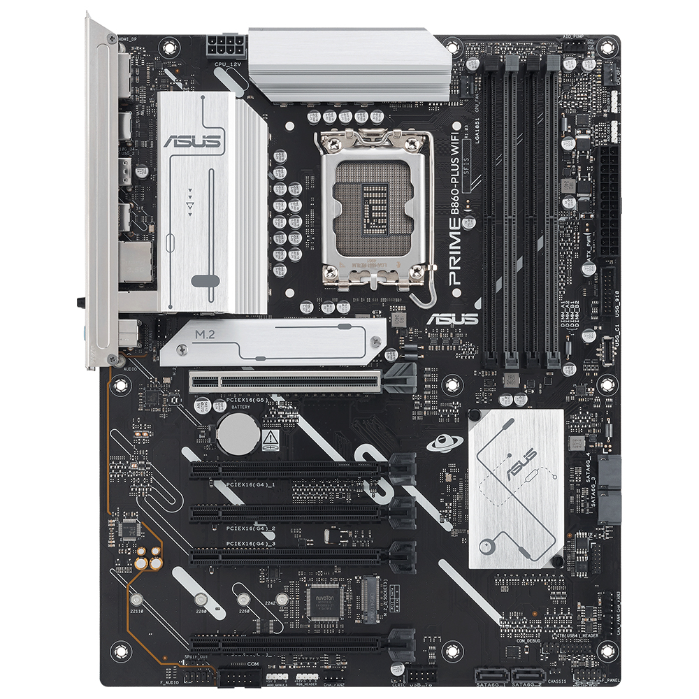 CPU soketi, RAM yuvaları ve genişletme yuvaları dahil olmak üzere çeşitli bileşenlere sahip anakart.