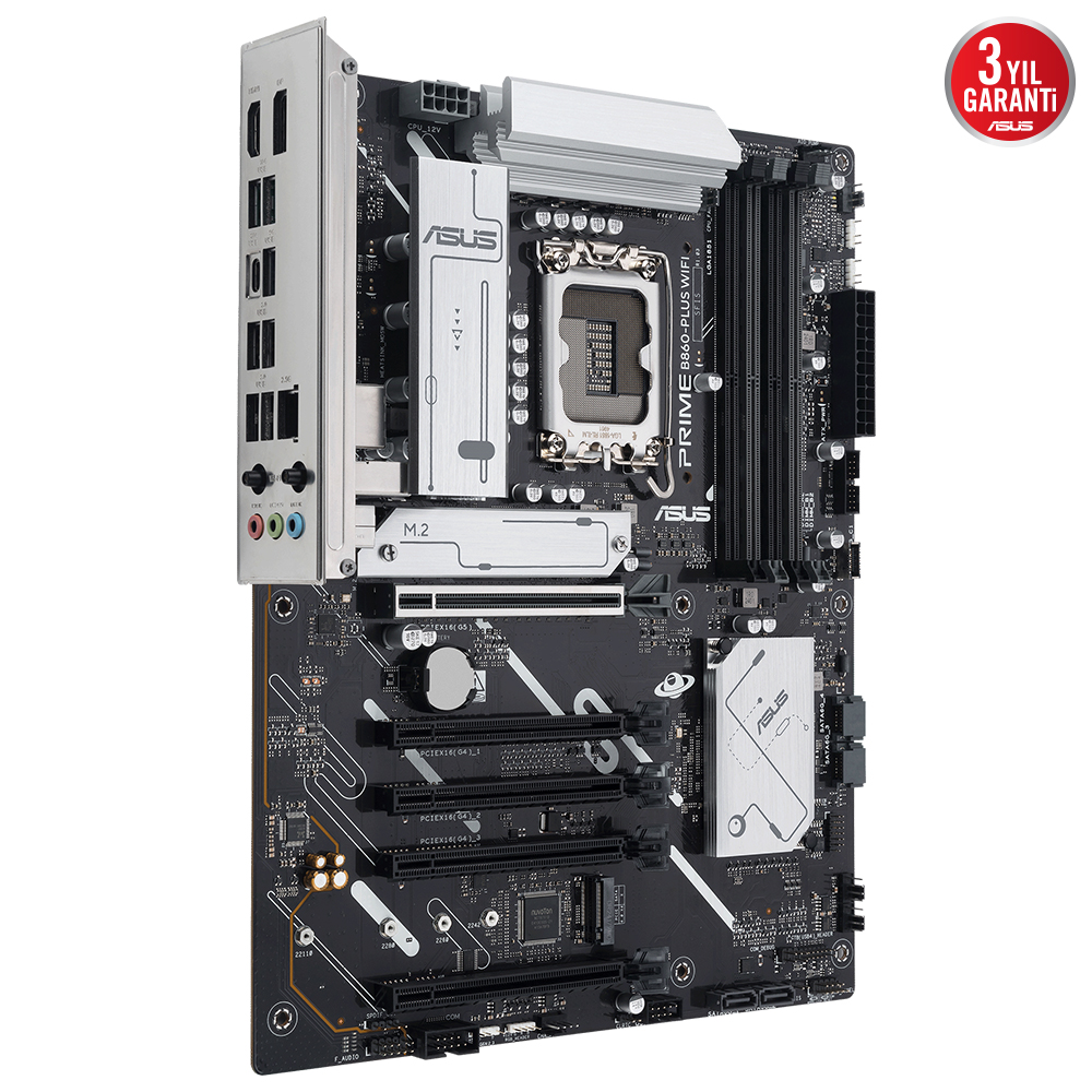Siyah ve gümüş ASUS anakart, bileşenlerle.