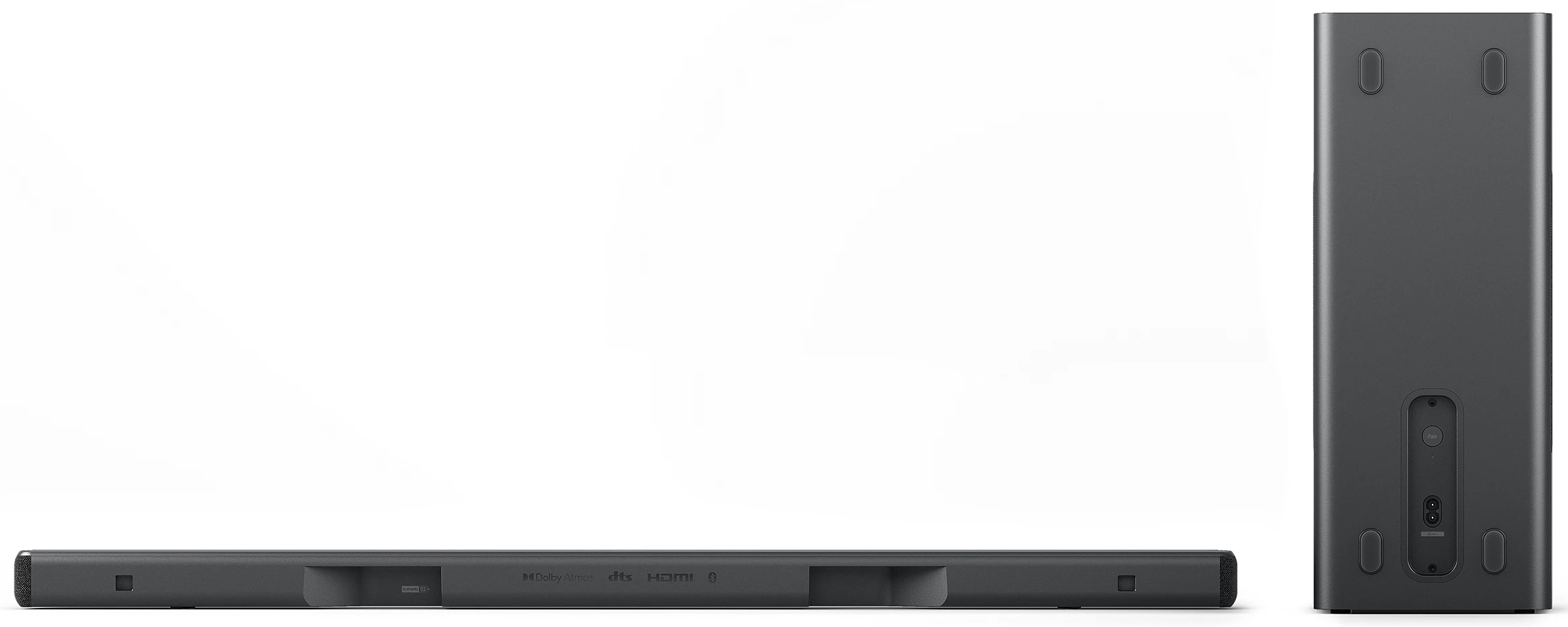 Ciemnoszary soundbar i subwoofer na białym tle. Soundbar jest poziomy, subwoofer pionowy.