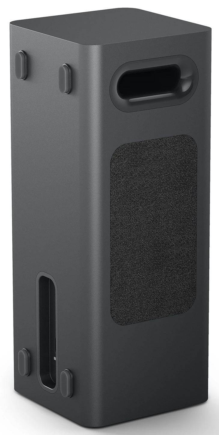 Ciemnoszary prostokątny subwoofer z siatką głośnika, uchwytem i gumowymi nóżkami. Minimalistyczny i nowoczesny design.