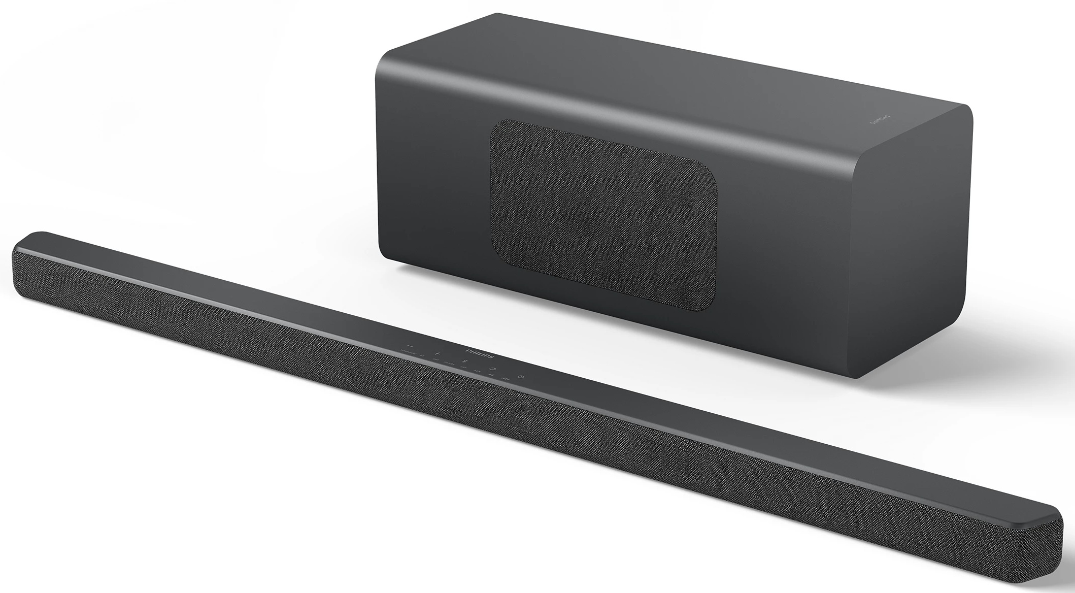 Ciemnoszary zestaw soundbar i subwoofer. Soundbar jest długi i cienki, subwoofer to pudełko z maskownicą głośnika.