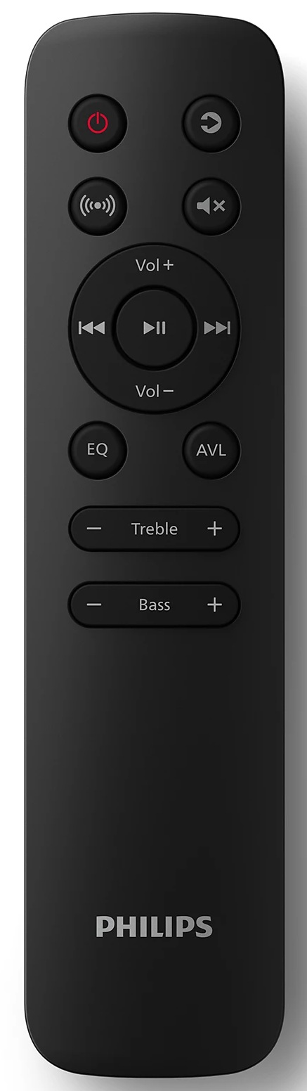 Czarny pilot Philips z przyciskami zasilania, głośności i ustawień audio. Biały tekst na przyciskach.