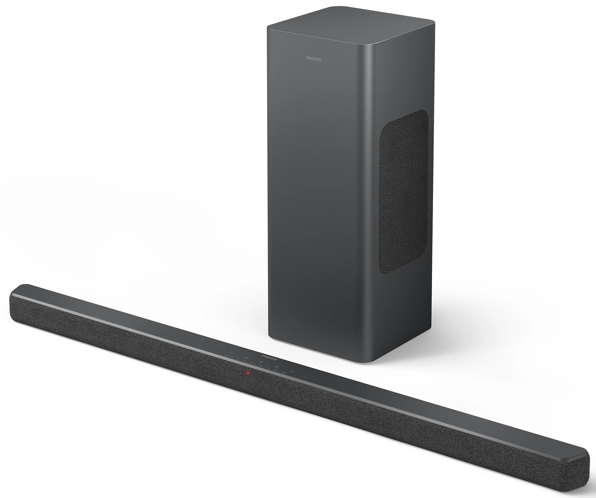 Ciemnoszary zestaw soundbar i subwoofer. Soundbar jest długi i cienki, subwoofer to wysoka, prostokątna skrzynia.