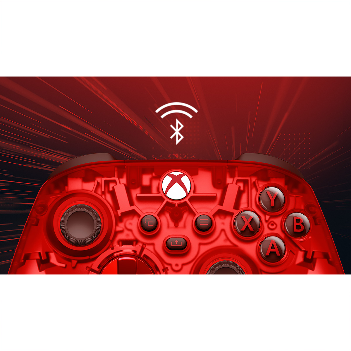 Görünür iç bileşenleri ve düğmeleri olan kırmızı bir Xbox denetleyicisi.