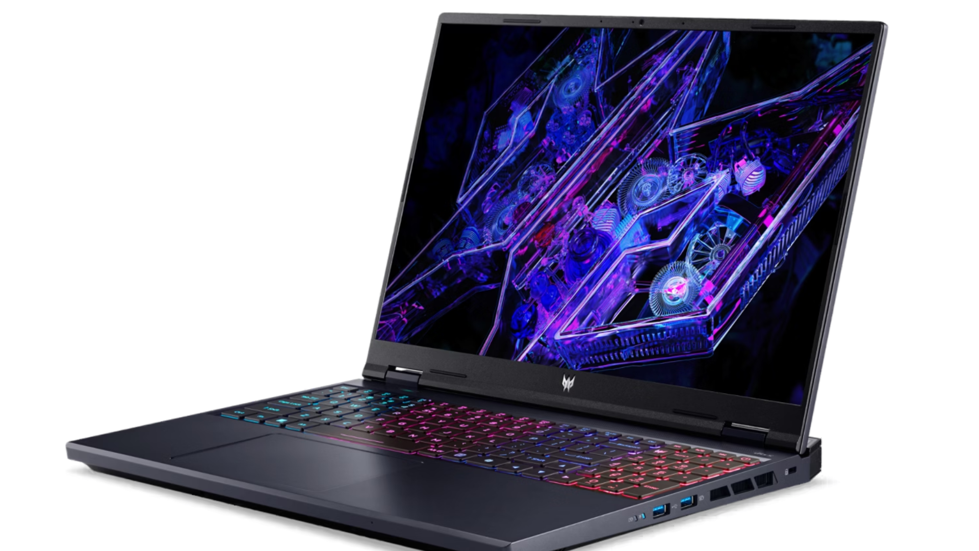 Renkli bir klavyeye ve fütüristik bir tasarıma sahip bir oyun laptopu.