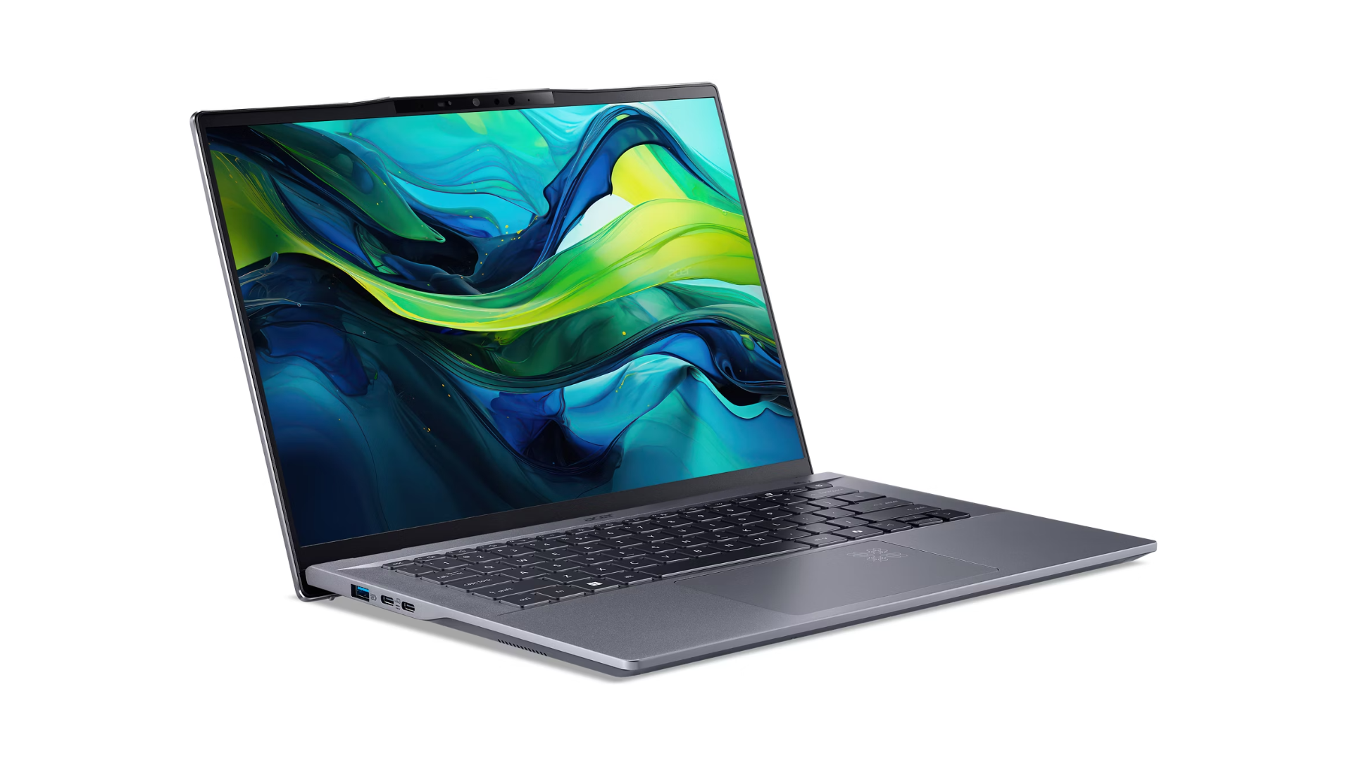 Dizüstü bilgisayar, gri renk, açık, beyaz arka plan. Ekran, renkli bir soyut tasarım görüntüler. Yan görünüm.